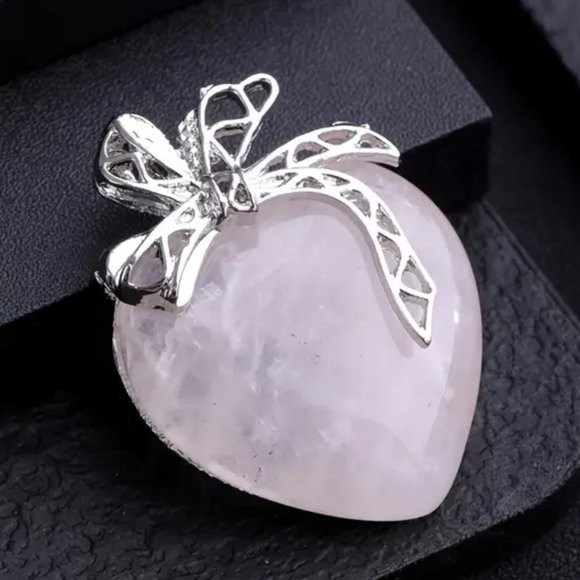 Rose Quartz Natural Gemstone Love Heart Bow Knot Pendant Necklace Gemstone - Picture 2 of 2